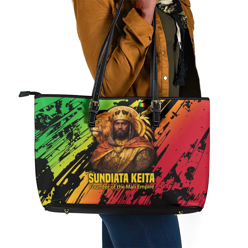 Sundiata Keita Leather Tote Bag with Regal Portrait, Lion of Mali Title and Bold Tribal Brushstroke Pattern - Wonder Print Shop