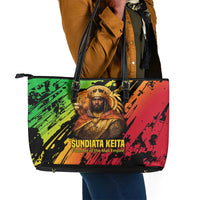 Sundiata Keita Leather Tote Bag with Regal Portrait, Lion of Mali Title and Bold Tribal Brushstroke Pattern - Wonder Print Shop