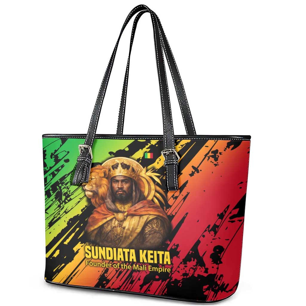 Sundiata Keita Leather Tote Bag with Regal Portrait, Lion of Mali Title and Bold Tribal Brushstroke Pattern - Wonder Print Shop