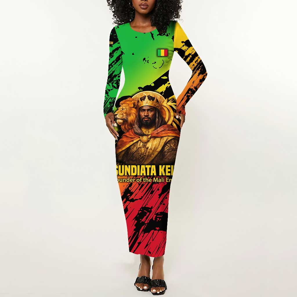 Sundiata Keita Long Sleeve Bodycon Dress with Regal Portrait, Lion of Mali Title and Bold Tribal Brushstroke Pattern - Wonder Print Shop
