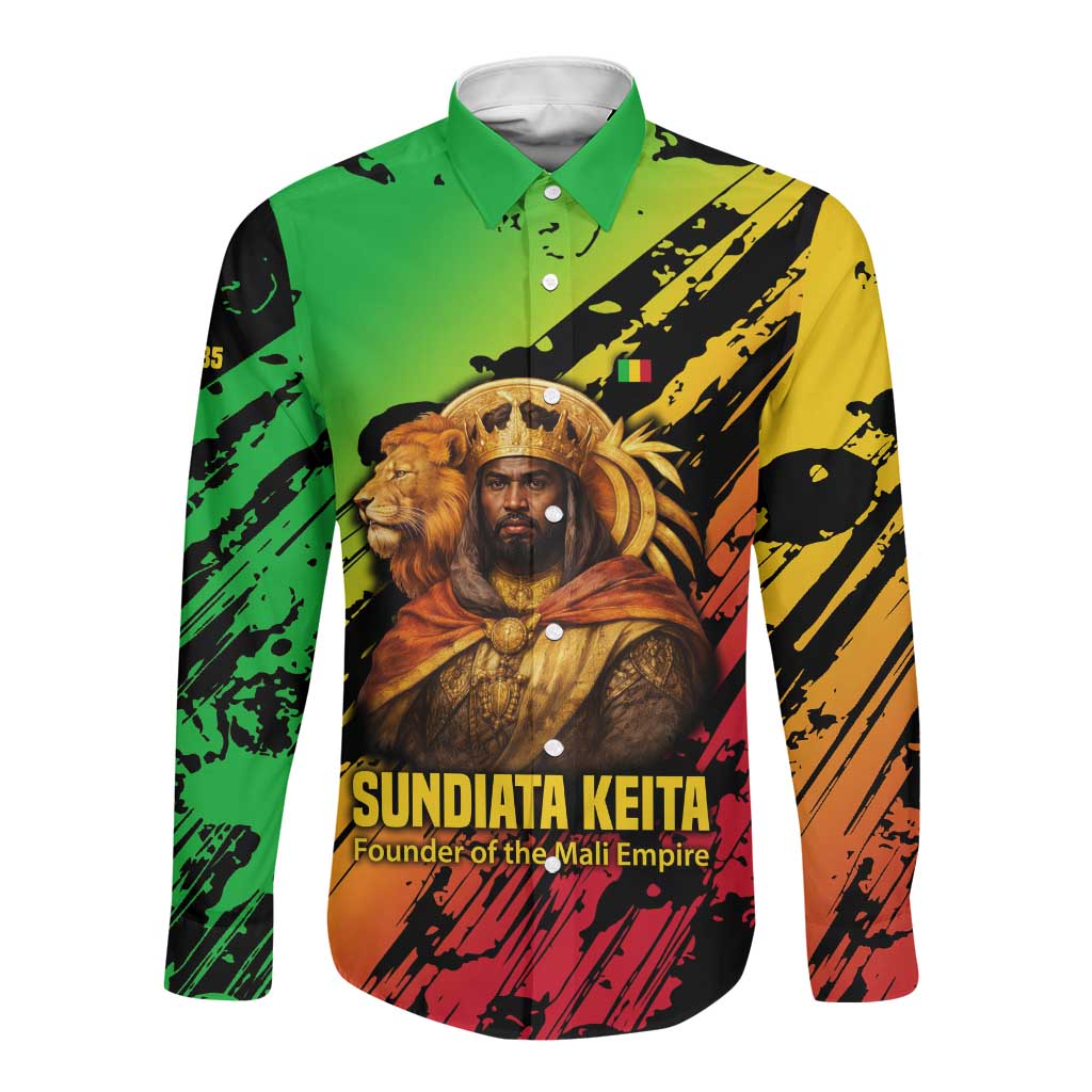 Sundiata Keita Long Sleeve Button Shirt with Regal Portrait, Lion of Mali Title and Bold Tribal Brushstroke Pattern - Wonder Print Shop