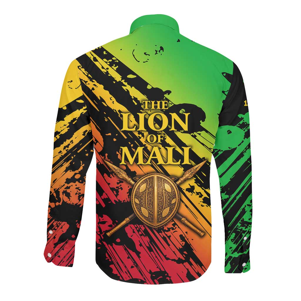 Sundiata Keita Long Sleeve Button Shirt with Regal Portrait, Lion of Mali Title and Bold Tribal Brushstroke Pattern - Wonder Print Shop