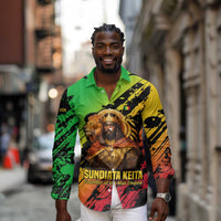 Sundiata Keita Long Sleeve Button Shirt with Regal Portrait, Lion of Mali Title and Bold Tribal Brushstroke Pattern - Wonder Print Shop
