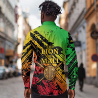 Sundiata Keita Long Sleeve Button Shirt with Regal Portrait, Lion of Mali Title and Bold Tribal Brushstroke Pattern - Wonder Print Shop