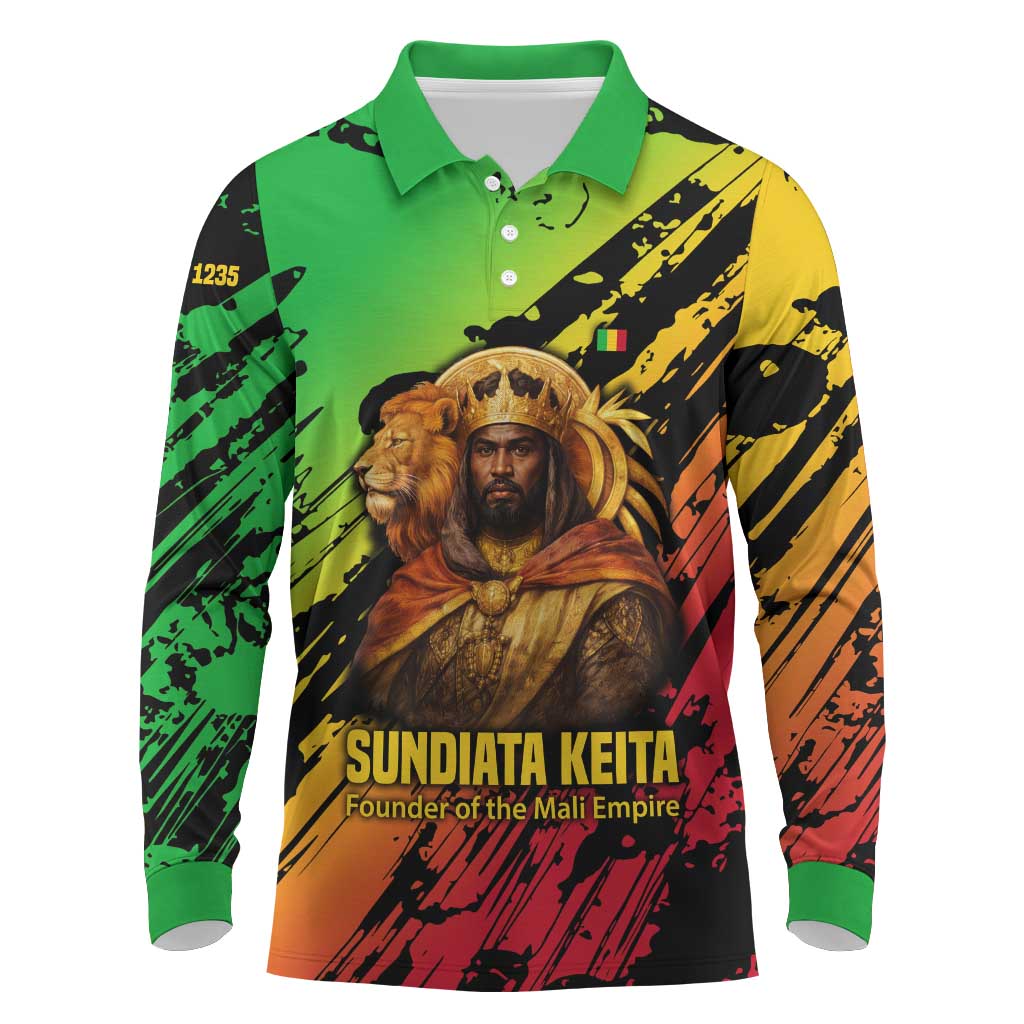 Sundiata Keita Long Sleeve Polo Shirt with Regal Portrait, Lion of Mali Title and Bold Tribal Brushstroke Pattern - Wonder Print Shop