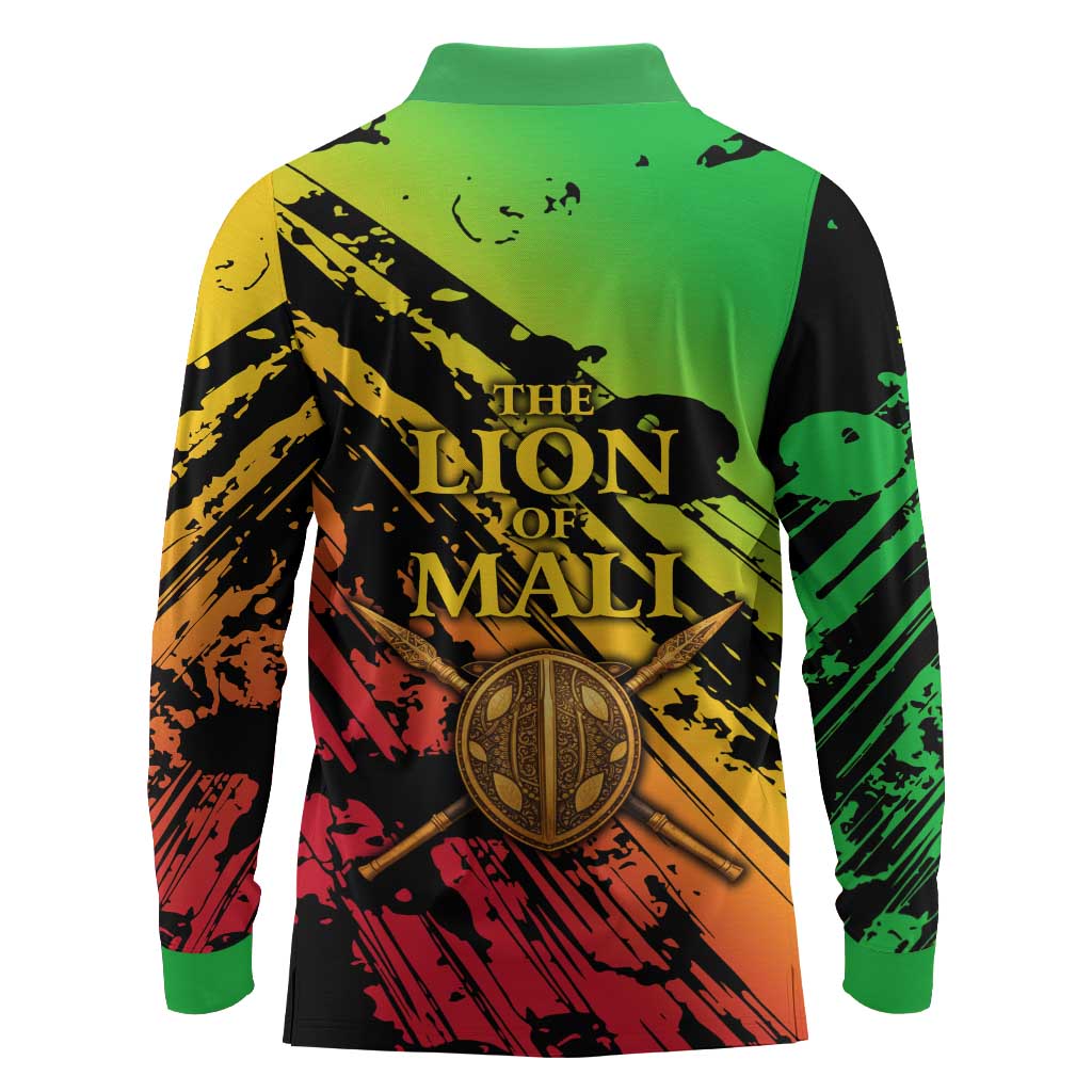 Sundiata Keita Long Sleeve Polo Shirt with Regal Portrait, Lion of Mali Title and Bold Tribal Brushstroke Pattern - Wonder Print Shop