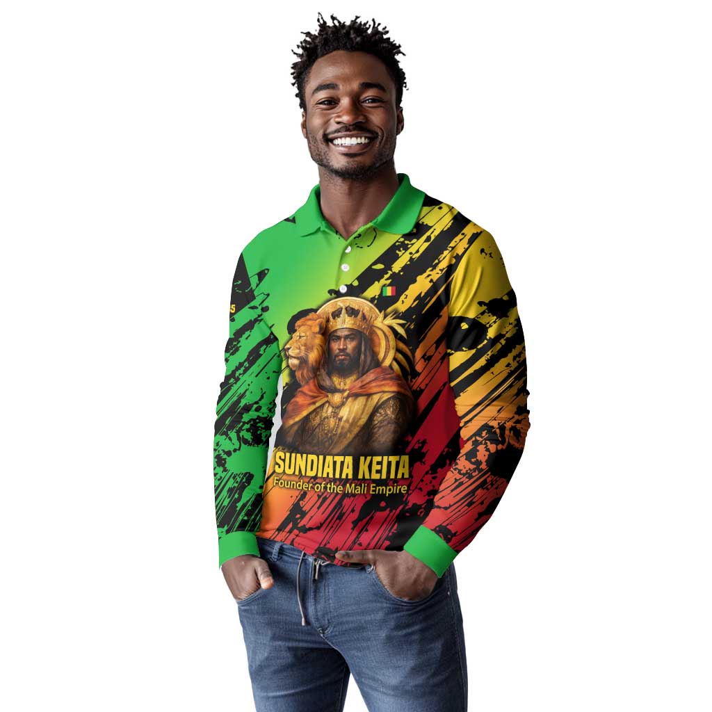 Sundiata Keita Long Sleeve Polo Shirt with Regal Portrait, Lion of Mali Title and Bold Tribal Brushstroke Pattern - Wonder Print Shop