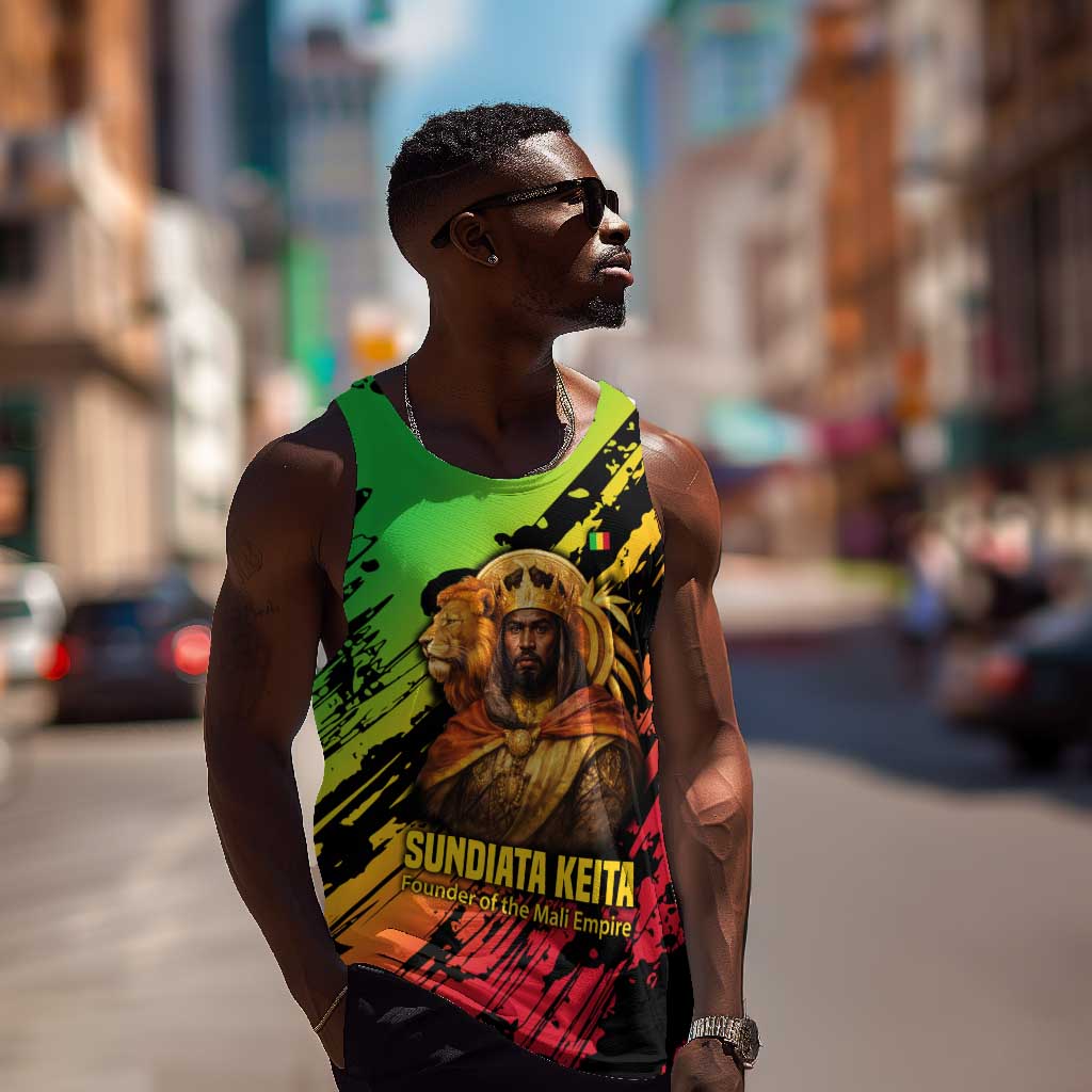 Sundiata Keita Men Tank Top with Regal Portrait, Lion of Mali Title and Bold Tribal Brushstroke Pattern - Wonder Print Shop
