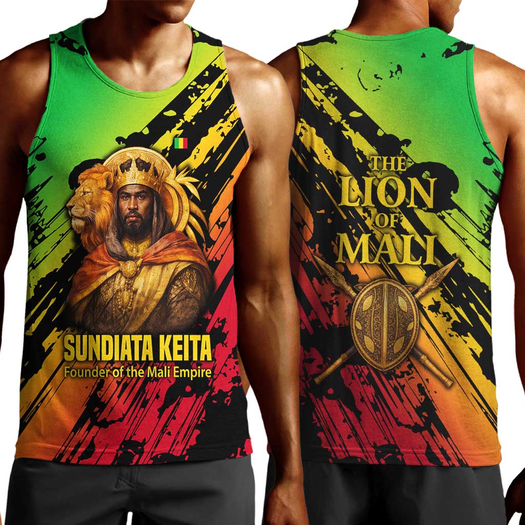 Sundiata Keita Men Tank Top with Regal Portrait, Lion of Mali Title and Bold Tribal Brushstroke Pattern - Wonder Print Shop