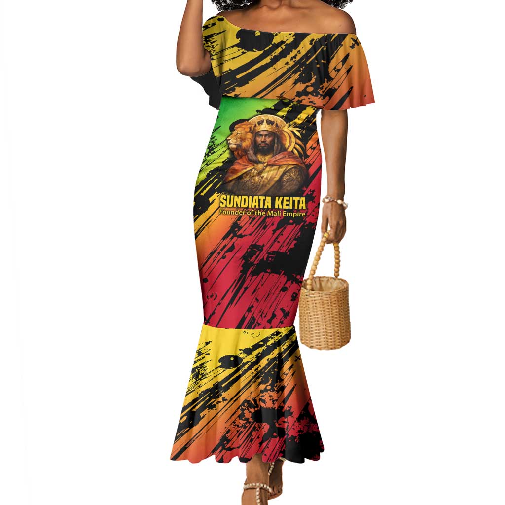 Sundiata Keita Mermaid Dress with Regal Portrait, Lion of Mali Title and Bold Tribal Brushstroke Pattern - Wonder Print Shop