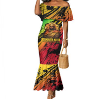 Sundiata Keita Mermaid Dress with Regal Portrait, Lion of Mali Title and Bold Tribal Brushstroke Pattern - Wonder Print Shop
