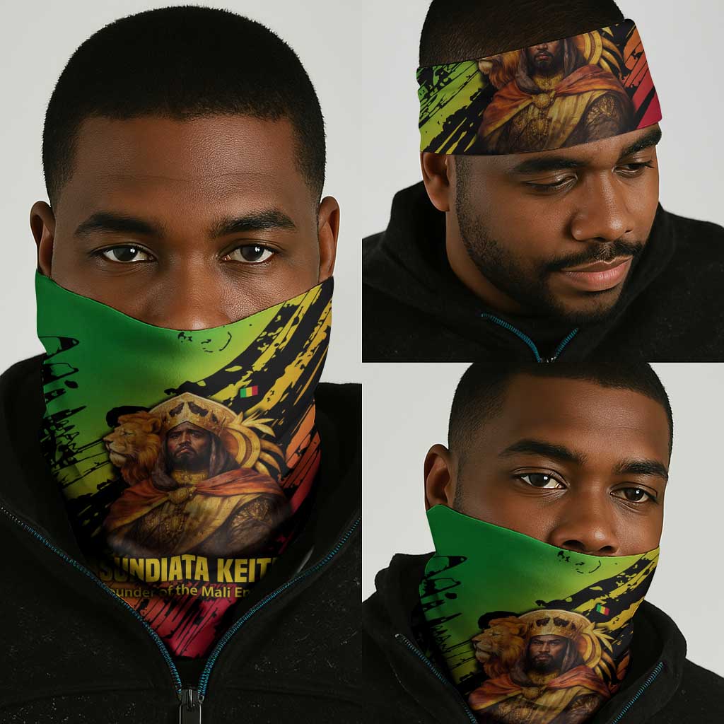 Sundiata Keita Neck Gaiter with Regal Portrait, Lion of Mali Title and Bold Tribal Brushstroke Pattern - Wonder Print Shop