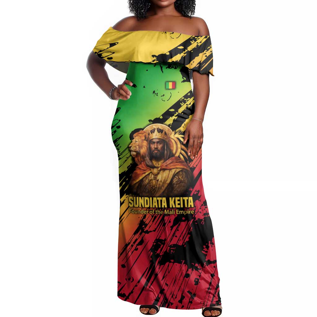 Sundiata Keita Off Shoulder Maxi Dress with Regal Portrait, Lion of Mali Title and Bold Tribal Brushstroke Pattern - Wonder Print Shop