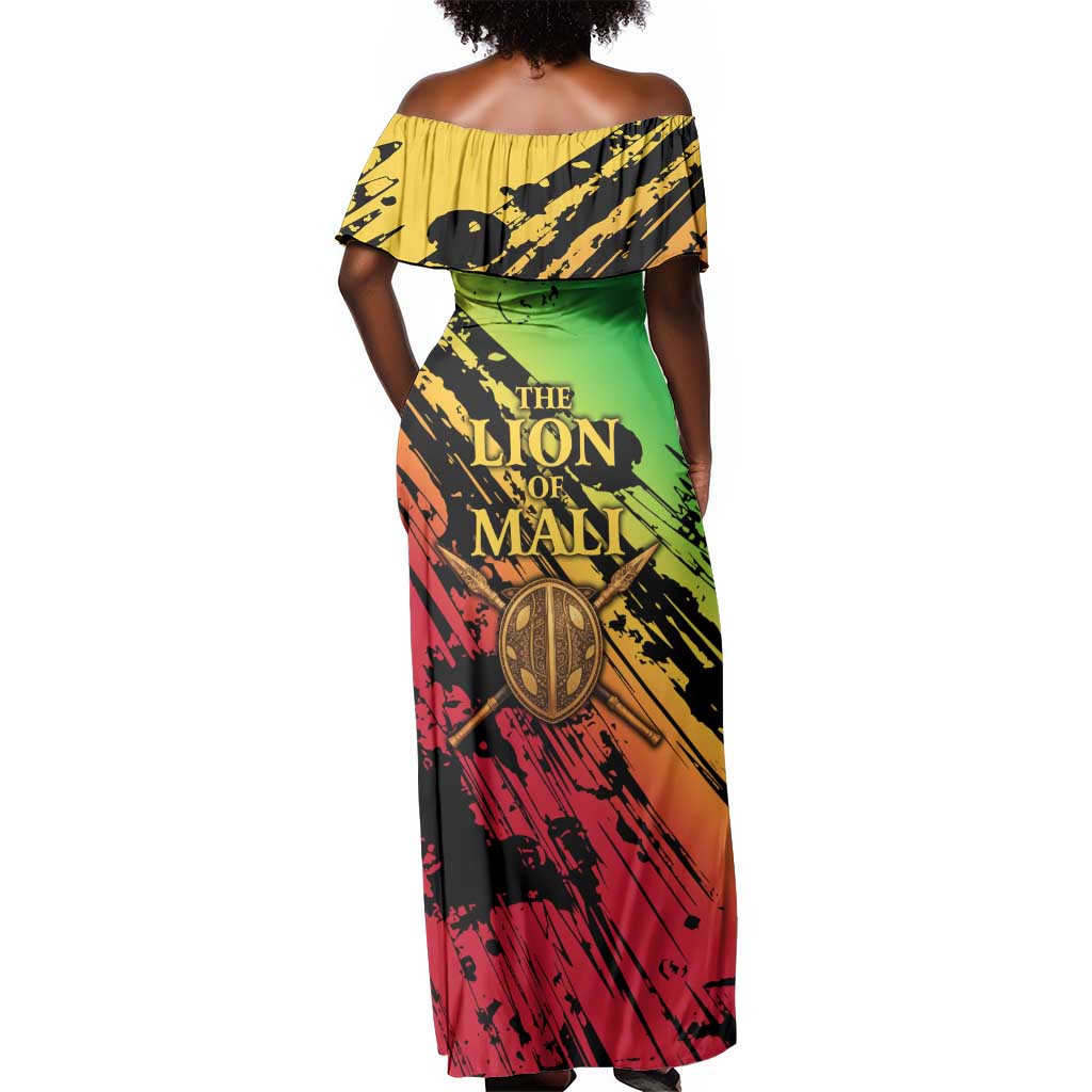 Sundiata Keita Off Shoulder Maxi Dress with Regal Portrait, Lion of Mali Title and Bold Tribal Brushstroke Pattern - Wonder Print Shop