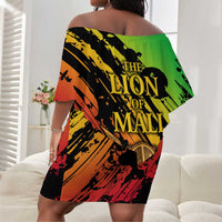 Sundiata Keita Off Shoulder Short Dress with Regal Portrait, Lion of Mali Title and Bold Tribal Brushstroke Pattern - Wonder Print Shop
