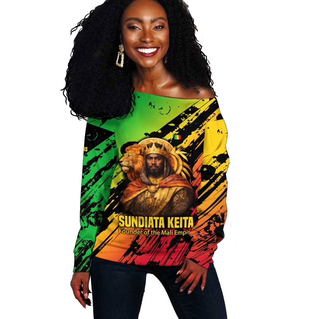 Sundiata Keita Off Shoulder Sweater with Regal Portrait, Lion of Mali Title and Bold Tribal Brushstroke Pattern - Wonder Print Shop