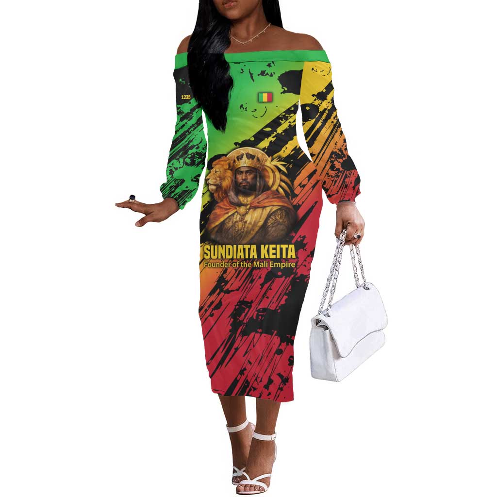 Sundiata Keita Off The Shoulder Long Sleeve Dress with Regal Portrait, Lion of Mali Title and Bold Tribal Brushstroke Pattern - Wonder Print Shop