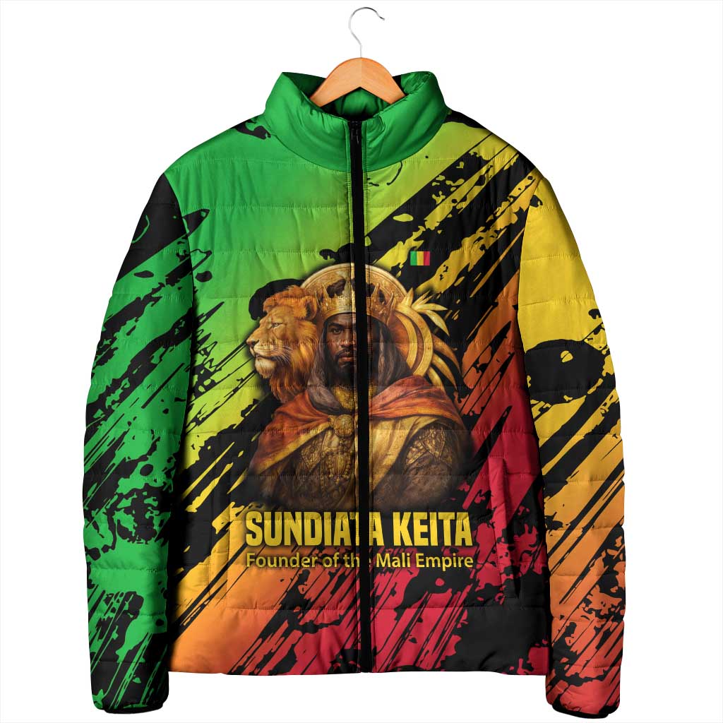 Sundiata Keita Padded Jacket with Regal Portrait, Lion of Mali Title and Bold Tribal Brushstroke Pattern - Wonder Print Shop