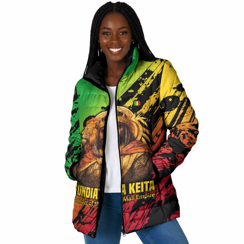 Sundiata Keita Padded Jacket with Regal Portrait, Lion of Mali Title and Bold Tribal Brushstroke Pattern - Wonder Print Shop