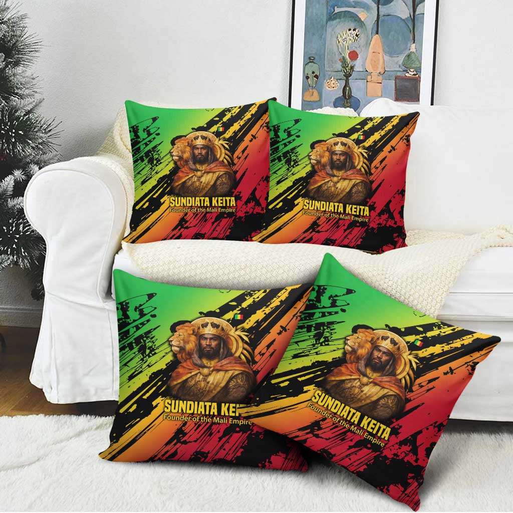 Sundiata Keita Pillow Cover with Regal Portrait, Lion of Mali Title and Bold Tribal Brushstroke Pattern - Wonder Print Shop