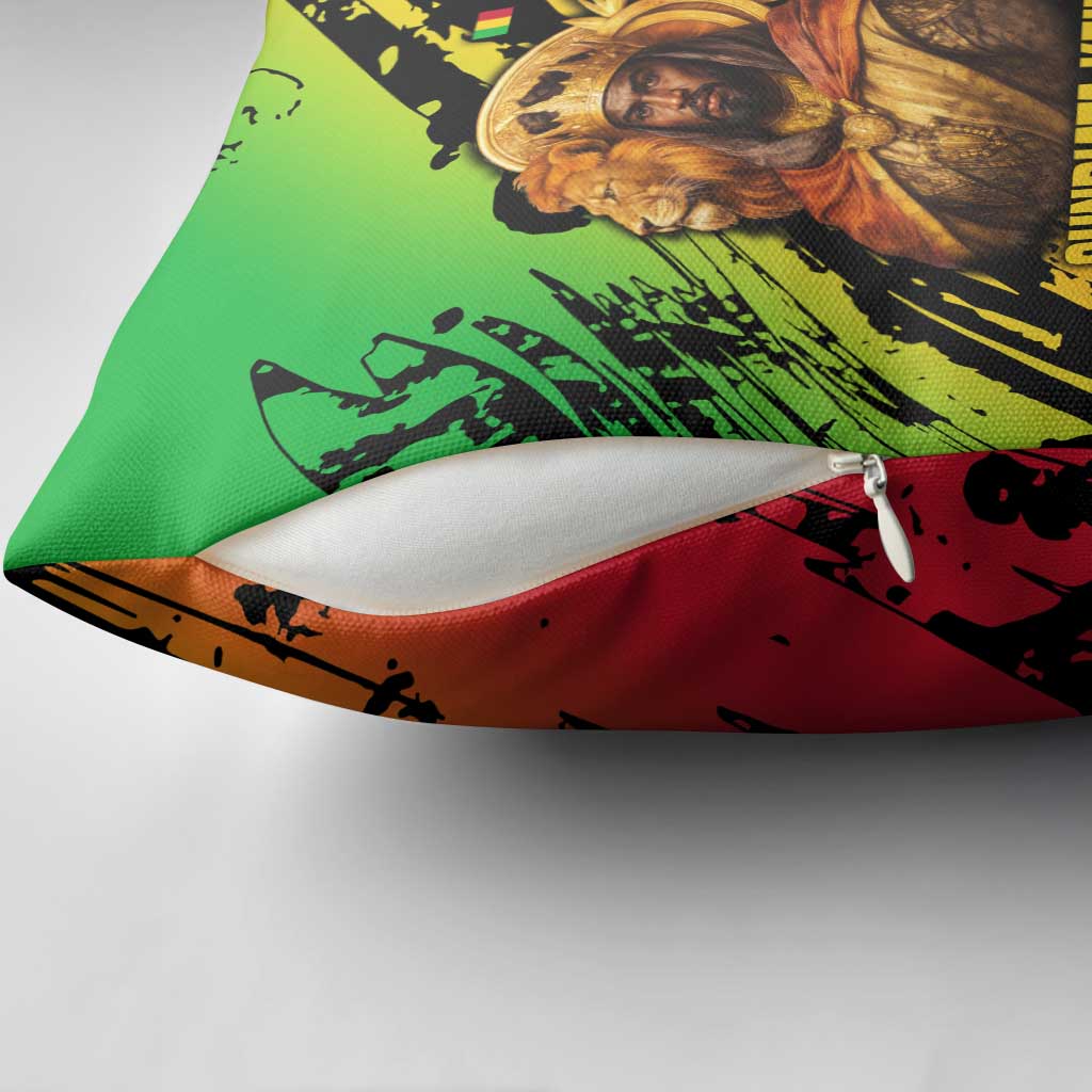 Sundiata Keita Pillow Cover with Regal Portrait, Lion of Mali Title and Bold Tribal Brushstroke Pattern - Wonder Print Shop