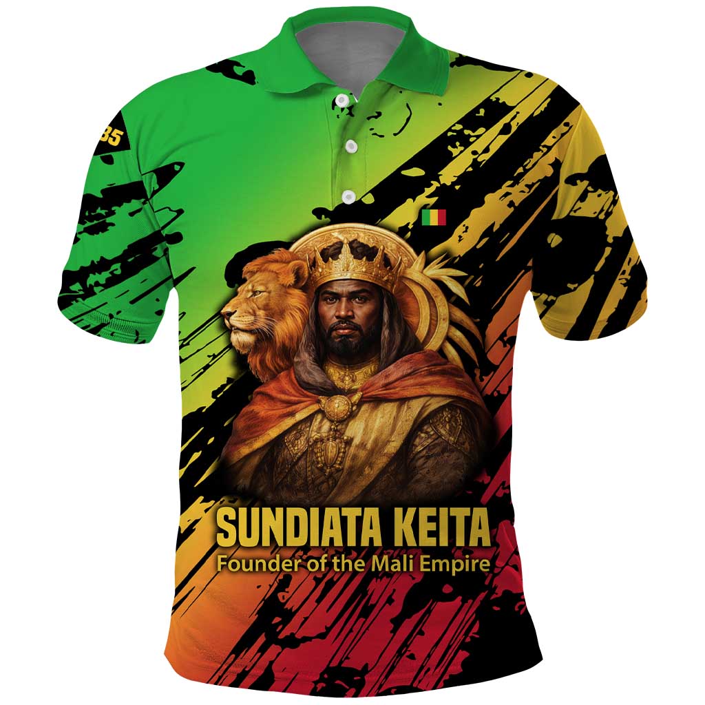 Sundiata Keita Polo Shirt with Regal Portrait, Lion of Mali Title and Bold Tribal Brushstroke Pattern - Wonder Print Shop