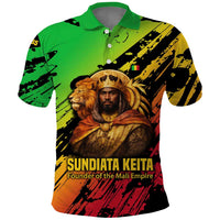 Sundiata Keita Polo Shirt with Regal Portrait, Lion of Mali Title and Bold Tribal Brushstroke Pattern - Wonder Print Shop