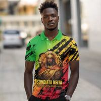 Sundiata Keita Polo Shirt with Regal Portrait, Lion of Mali Title and Bold Tribal Brushstroke Pattern - Wonder Print Shop