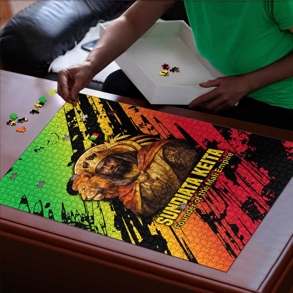 Sundiata Keita Puzzle with Regal Portrait, Lion of Mali Title and Bold Tribal Brushstroke Pattern - Wonder Print Shop