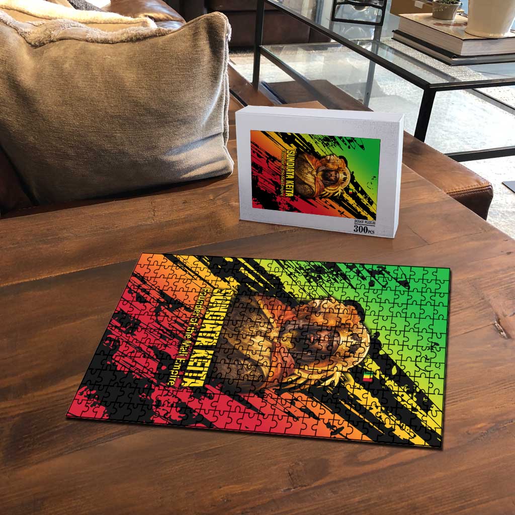 Sundiata Keita Puzzle with Regal Portrait, Lion of Mali Title and Bold Tribal Brushstroke Pattern - Wonder Print Shop