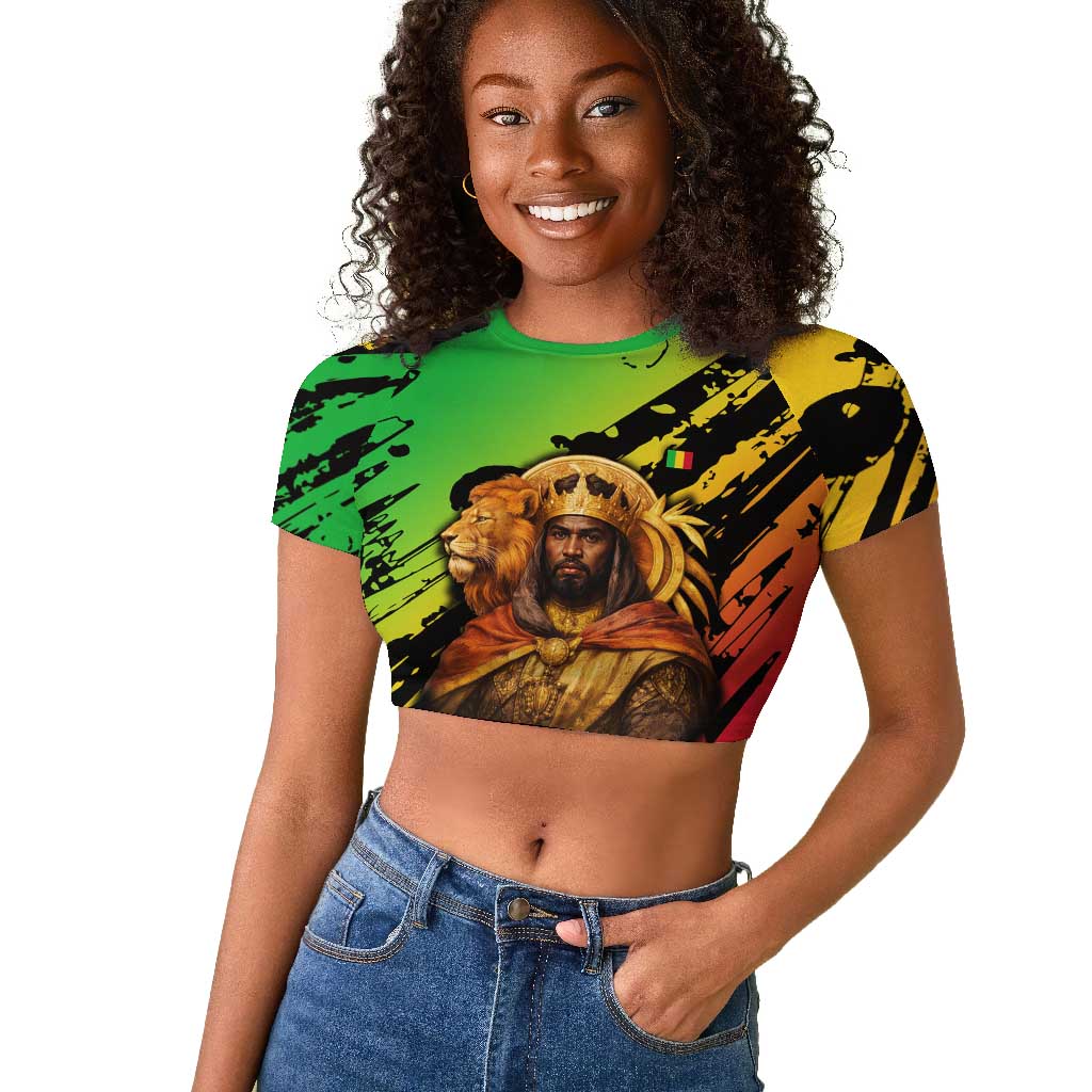Sundiata Keita Raglan Cropped T shirt with Regal Portrait, Lion of Mali Title and Bold Tribal Brushstroke Pattern - Wonder Print Shop