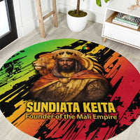 Sundiata Keita Round Carpet with Regal Portrait, Lion of Mali Title and Bold Tribal Brushstroke Pattern - Wonder Print Shop