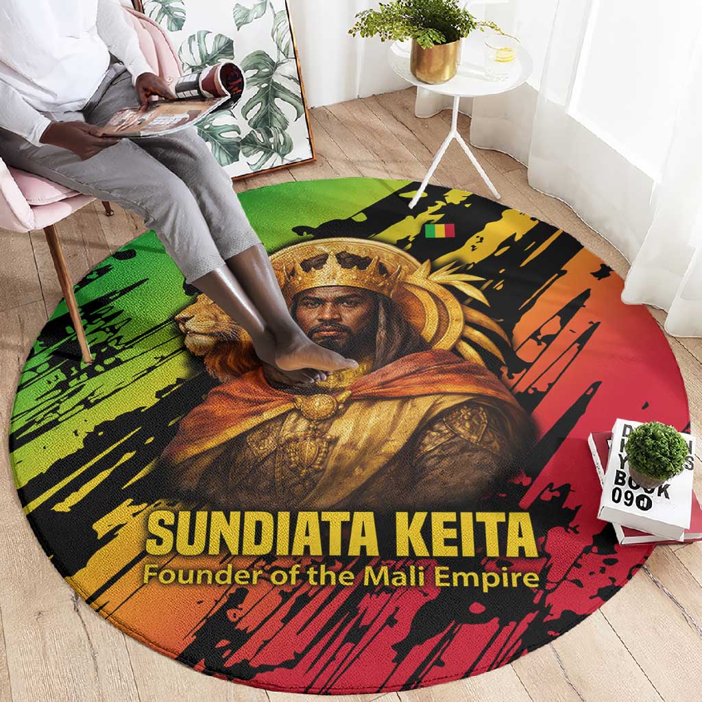 Sundiata Keita Round Carpet with Regal Portrait, Lion of Mali Title and Bold Tribal Brushstroke Pattern - Wonder Print Shop