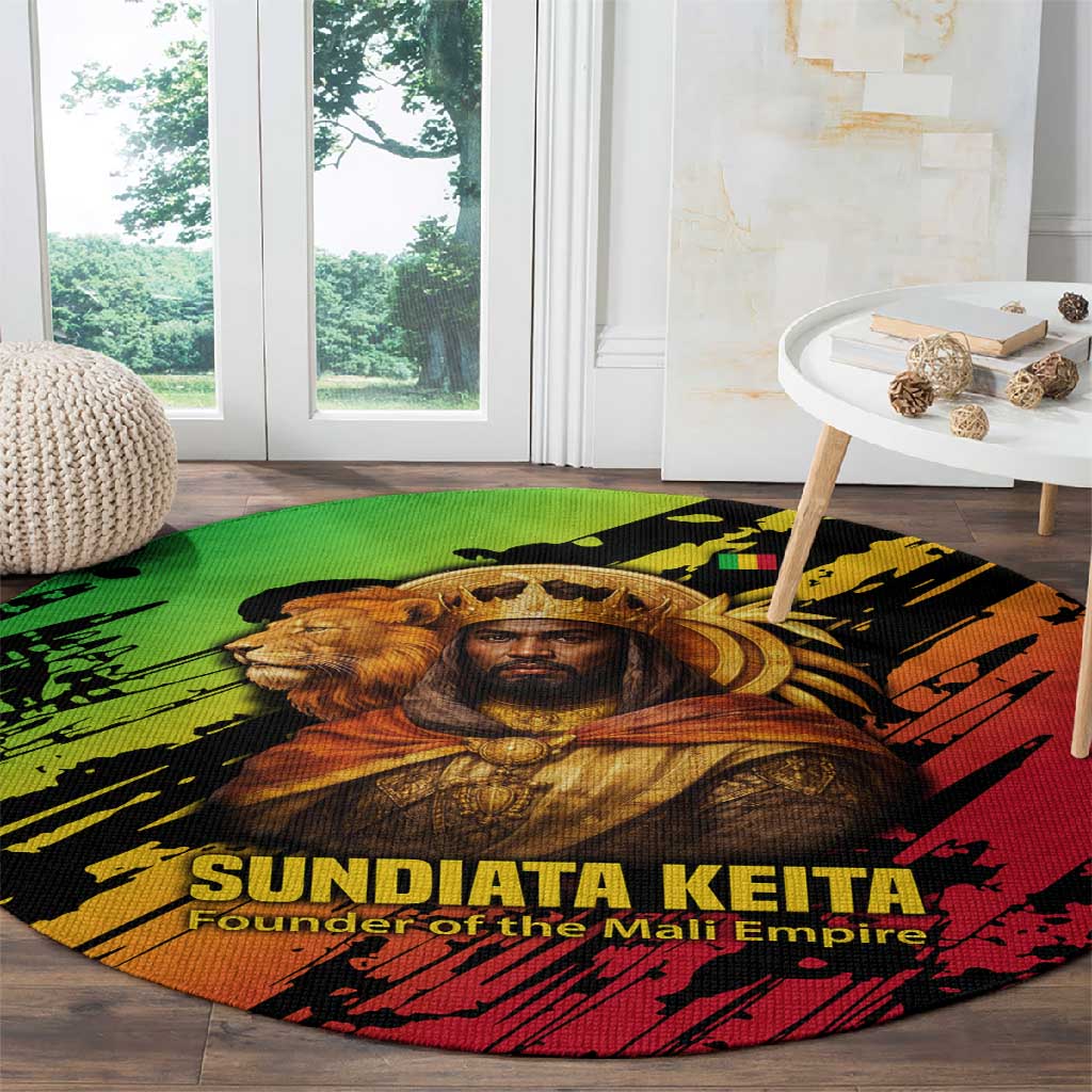 Sundiata Keita Round Carpet with Regal Portrait, Lion of Mali Title and Bold Tribal Brushstroke Pattern - Wonder Print Shop