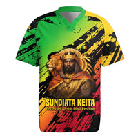 Sundiata Keita Rugby Jersey with Regal Portrait, Lion of Mali Title and Bold Tribal Brushstroke Pattern - Wonder Print Shop