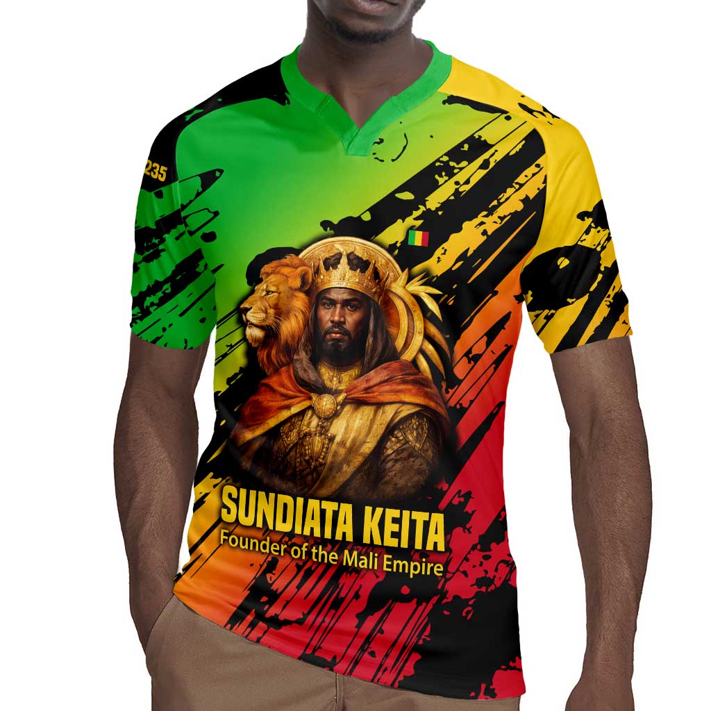 Sundiata Keita Rugby Jersey with Regal Portrait, Lion of Mali Title and Bold Tribal Brushstroke Pattern - Wonder Print Shop