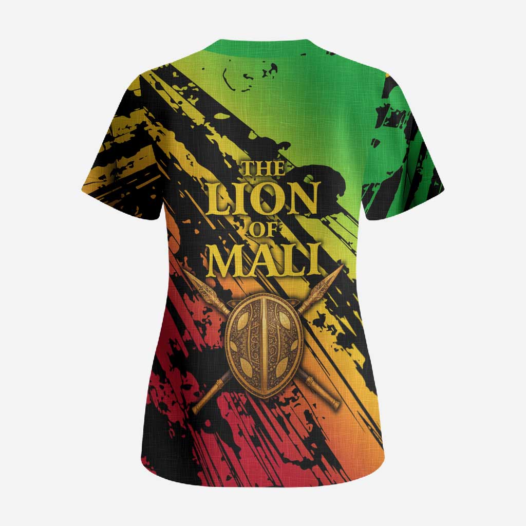 Sundiata Keita Scrub Top with Regal Portrait, Lion of Mali Title and Bold Tribal Brushstroke Pattern - Wonder Print Shop