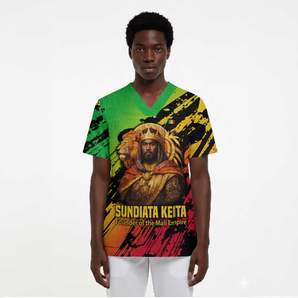 Sundiata Keita Scrub Top with Regal Portrait, Lion of Mali Title and Bold Tribal Brushstroke Pattern - Wonder Print Shop