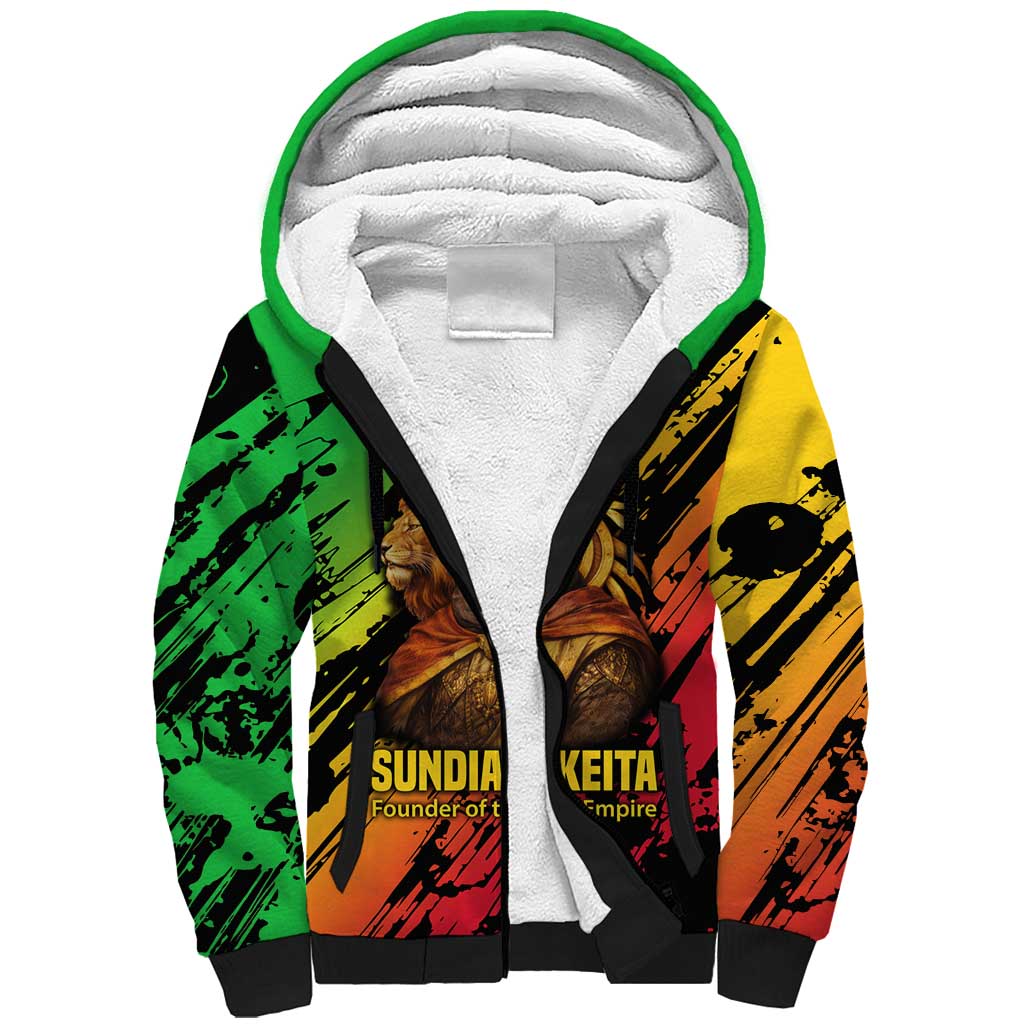 Sundiata Keita Sherpa Hoodie with Regal Portrait, Lion of Mali Title and Bold Tribal Brushstroke Pattern - Wonder Print Shop