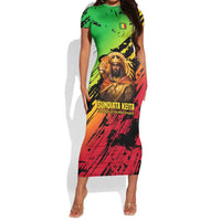 Sundiata Keita Short Sleeve Bodycon Dress with Regal Portrait, Lion of Mali Title and Bold Tribal Brushstroke Pattern - Wonder Print Shop