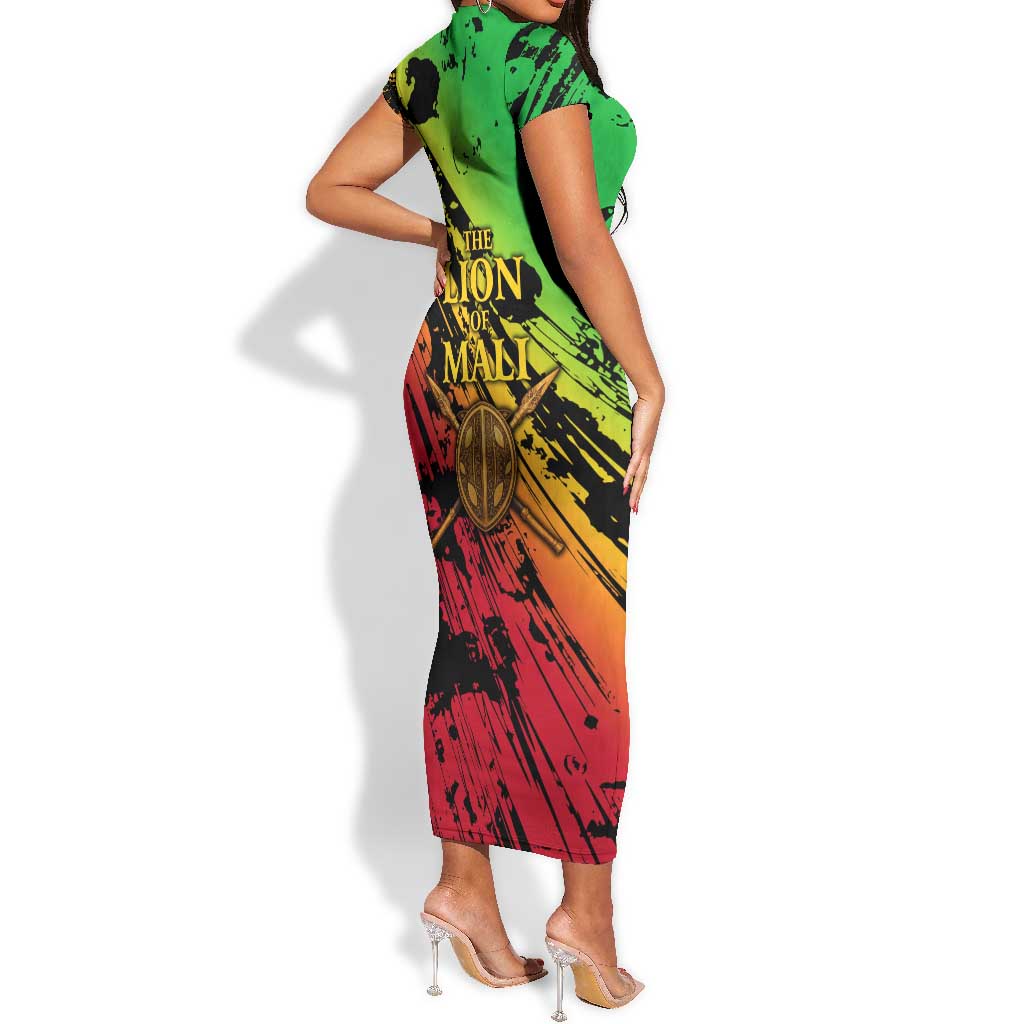 Sundiata Keita Short Sleeve Bodycon Dress with Regal Portrait, Lion of Mali Title and Bold Tribal Brushstroke Pattern - Wonder Print Shop