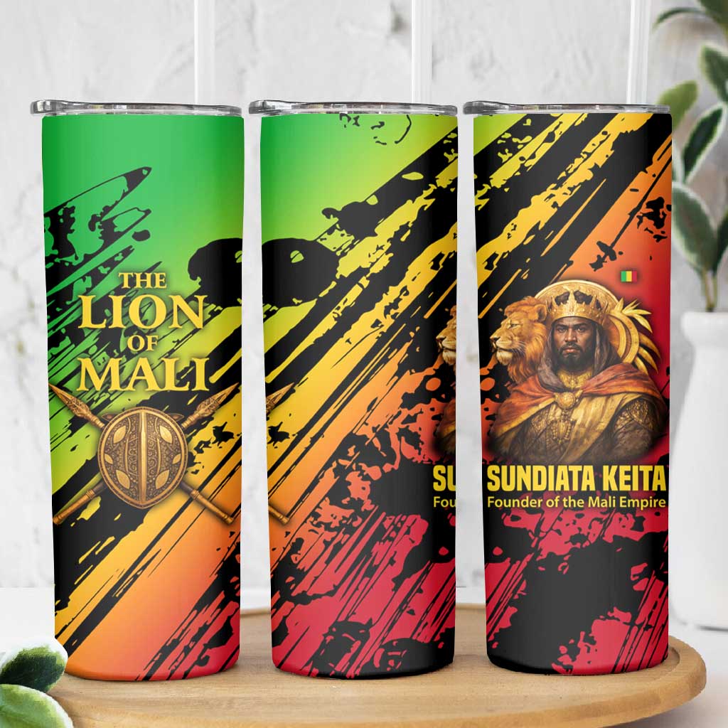 Sundiata Keita Skinny Tumbler with Regal Portrait, Lion of Mali Title and Bold Tribal Brushstroke Pattern - Wonder Print Shop