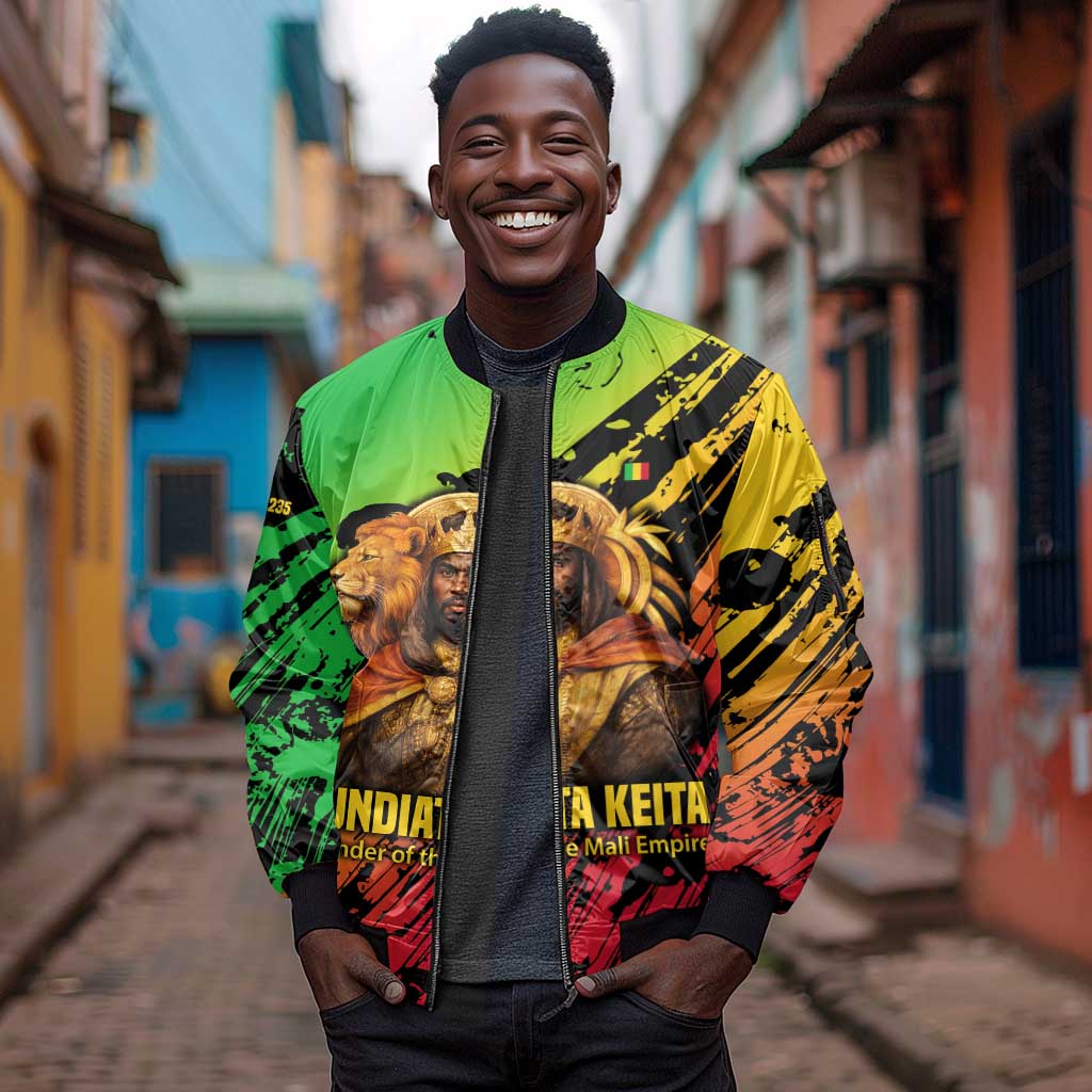 Sundiata Keita Sleeve Zip Bomber Jacket with Regal Portrait, Lion of Mali Title and Bold Tribal Brushstroke Pattern - Wonder Print Shop