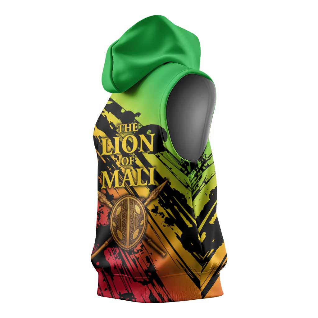 Sundiata Keita Sleeveless Hoodie with Regal Portrait, Lion of Mali Title and Bold Tribal Brushstroke Pattern - Wonder Print Shop