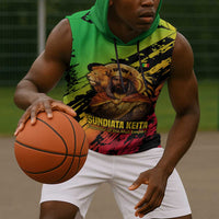 Sundiata Keita Sleeveless Hoodie with Regal Portrait, Lion of Mali Title and Bold Tribal Brushstroke Pattern - Wonder Print Shop