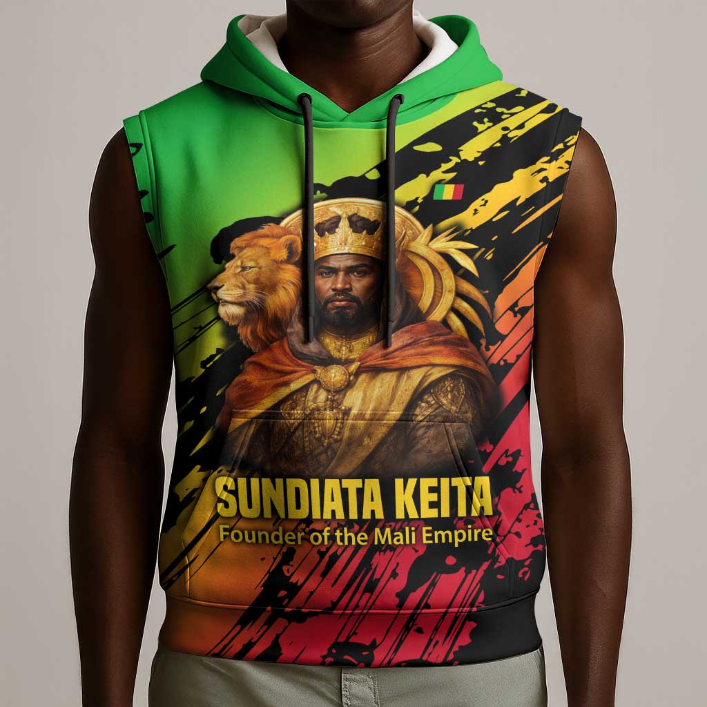 Sundiata Keita Sleeveless Hoodie with Regal Portrait, Lion of Mali Title and Bold Tribal Brushstroke Pattern - Wonder Print Shop