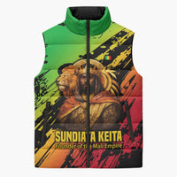 Sundiata Keita Sleeveless Puffer Jacket with Regal Portrait, Lion of Mali Title and Bold Tribal Brushstroke Pattern - Wonder Print Shop
