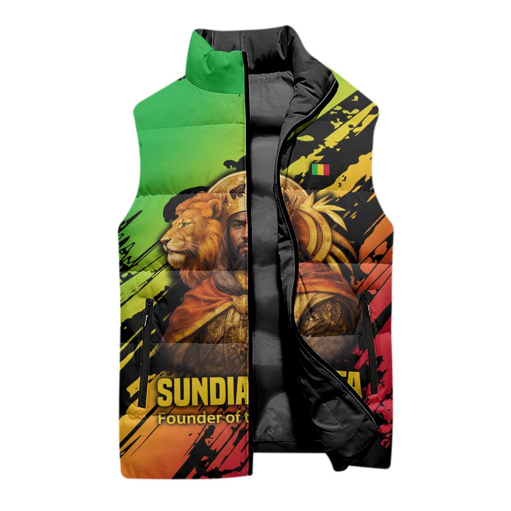 Sundiata Keita Sleeveless Puffer Jacket with Regal Portrait, Lion of Mali Title and Bold Tribal Brushstroke Pattern - Wonder Print Shop