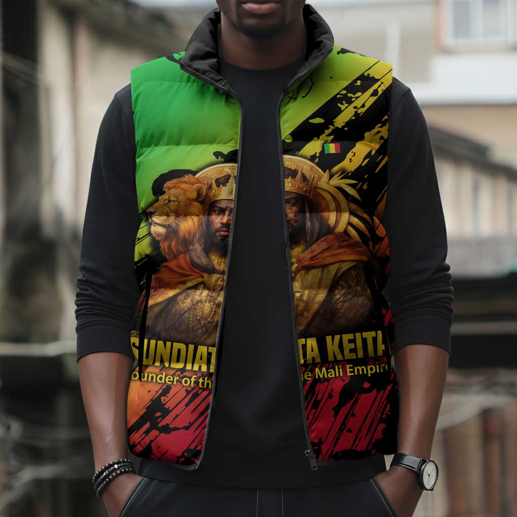 Sundiata Keita Sleeveless Puffer Jacket with Regal Portrait, Lion of Mali Title and Bold Tribal Brushstroke Pattern - Wonder Print Shop