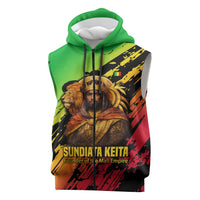 Sundiata Keita Sleeveless Zip Hoodie with Regal Portrait, Lion of Mali Title and Bold Tribal Brushstroke Pattern - Wonder Print Shop